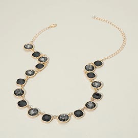 Round Square Stone Bezel Cluster Link Necklace