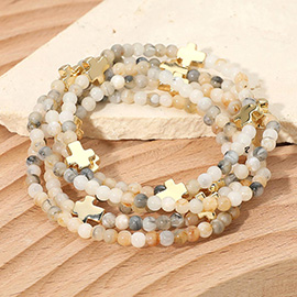 5PCS - Metal Cross Faceted Beaded Stretch Multi Layered Bracelets