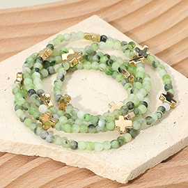 5PCS - Metal Cross Faceted Beaded Stretch Multi Layered Bracelets