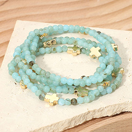 5PCS - Metal Cross Faceted Beaded Stretch Multi Layered Bracelets