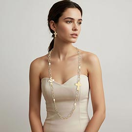 Metal Cross Pearl Link Long Necklace