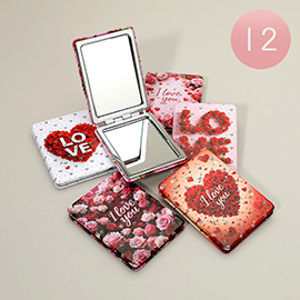 12PCS - Glittered LOVE Message Heart Floral Printed Compact Mirrors