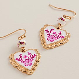 Enamel Floral Heart Frame Charm Drop Dangle Earrings