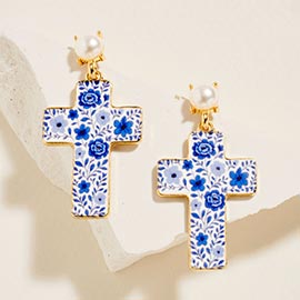 Floral Pattern Cross Drop Dangle Earrings