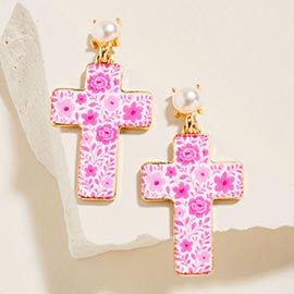Floral Pattern Cross Drop Dangle Earrings