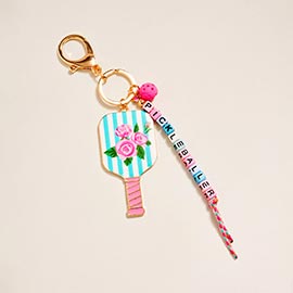 Floral Pickleball Paddle PICKLEBALLER Beaded Keychain Bag Charm