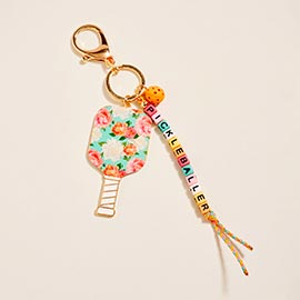 Floral Pickleball Paddle PICKLEBALLER Beaded Keychain Bag Charm