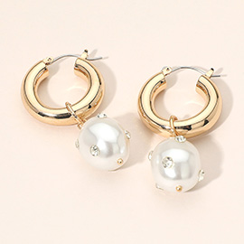 Rhinestone Embellished Pearl Drop Pin Catch Hoop Earrings