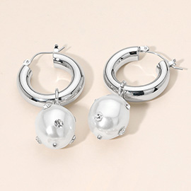 Rhinestone Embellished Pearl Drop Pin Catch Hoop Earrings