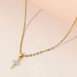 Stainless Steel Mini CZ Stone Pave Cross Pendant Necklace