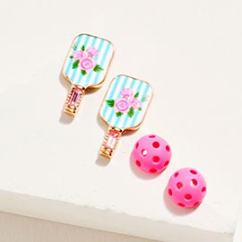 2Pairs - Floral Pickleball Paddle Earring Set