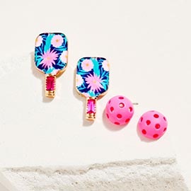 2Pairs - Floral Pickleball Paddle Earring Set