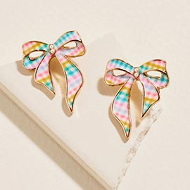 Gingham Pattern Bow Stud Earrings