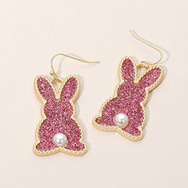 Pearl Accent Glitter Easter Bunny Charm Dangle Earrings