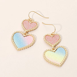 Glitter Double Heart Link Drop Dangle Earrings