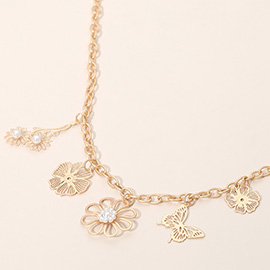 Flower Butterfly Charm Station Necklace