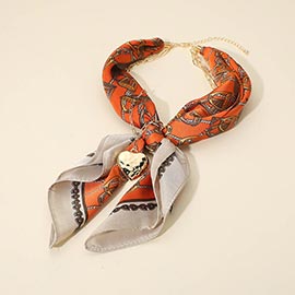 Hammered Metal Heart Pendant Chain Fabric Scarf Layered Necklace