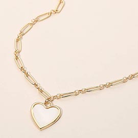 Mother of Pearl Heart Pendant Paperclip Chain Necklace