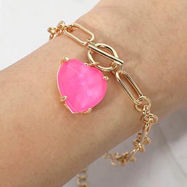 Chunky Heart Stone Cluster Toggle Charm Bracelet