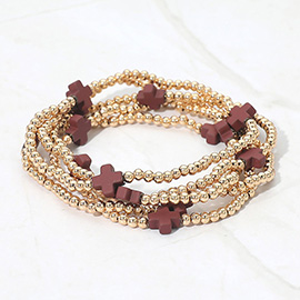 5PCS - Cross Pointed Metal Ball Beaded Stretch Multi Layered Bracelets
