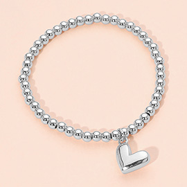Stainless Steel Heart Charm Beaded Stretch Bracelet