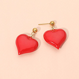 Puffy Glossy Heart Charm Dangle Stainless Steel Earrings