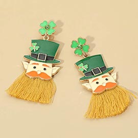 St Patricks Shamrock Clover Leprechaun Tassel Drop Earrings