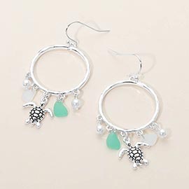 Sea Turtle Sea Glass Charm Drop Open Ring Dangle Earrings