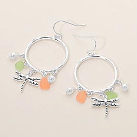 Dragonfly Sea Glass Charm Drop Open Ring Dangle Earrings