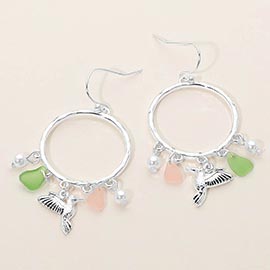 Hummingbird Sea Glass Charm Drop Open Ring Dangle Earrings