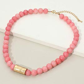 Hammered Metal Bar Accent Chunky Marbled Ball Beaded Necklace