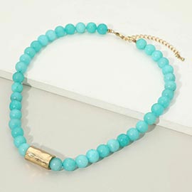 Hammered Metal Bar Accent Chunky Marbled Ball Beaded Necklace