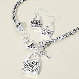 Chunky Metal Scrollwork Padlock Key Charm Pendant Necklace