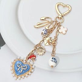 Pearl Trip Bow Heart Charm Drop Quatrefoil Flower Mushroom Envelope Charm Embellished Keychain Bag Charm