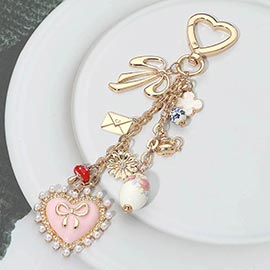 Pearl Trip Bow Heart Charm Drop Quatrefoil Flower Mushroom Envelope Charm Embellished Keychain Bag Charm