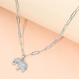 Stainless Steel CZ Stone Paved Elephant Charm Pendant Paperclip Chain Necklace