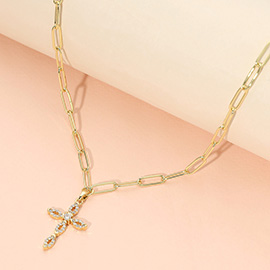 Stainless Steel CZ Cross Pendant Paperclip Chain Necklace