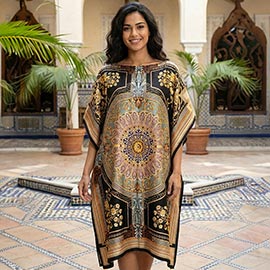 Medallion Print Resort Silky Kaftan Midi Dress