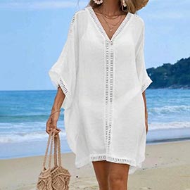 Solid Color V Neck Beach Cover Up Tunic Dress