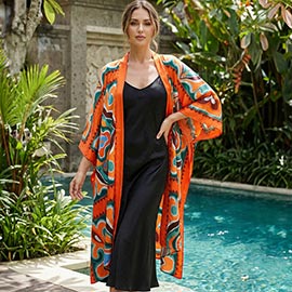 Silk Feel Boho Open Front Long Kimono Cover Up Poncho