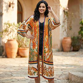 Open Front Silk Feel Ethnic Pattern Kimono Cover Up Poncho