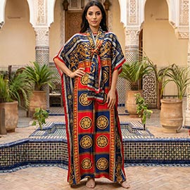 Elegant Baroque Print Resort Silky Kaftan Maxi Dress