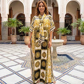 Elegant Baroque Print Resort Silky Kaftan Maxi Dress