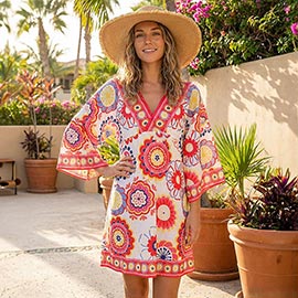 Colorful Boho Floral Print V-neck Tunic Dress
