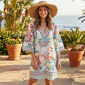 Colorful Boho Floral Print V-neck Tunic Dress