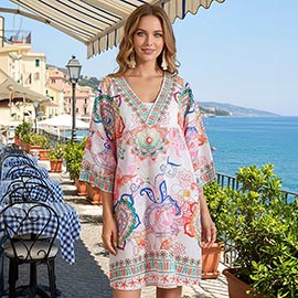 Colorful Boho Floral Print V-neck Tunic Dress