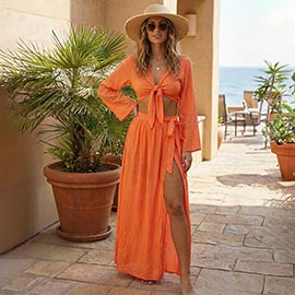 2PCS - Tie Front Long Sleeves Crop Top Maxi Skirt Two Piece Beach Set
