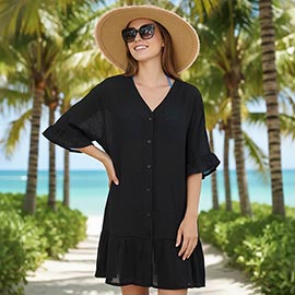 Button Front Ruffle Hem Beach Cover Up Dress