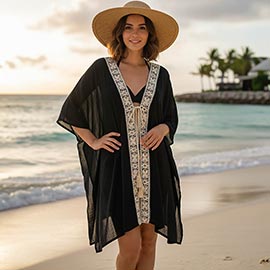 Boho Embroidered Open Front Tassel Tie Cover Up Kimono Poncho