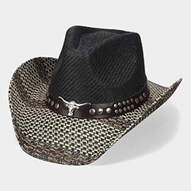 Boho Steer Head Accent Studded Faux Leather Band Woven Straw Western Cowboy Hat
